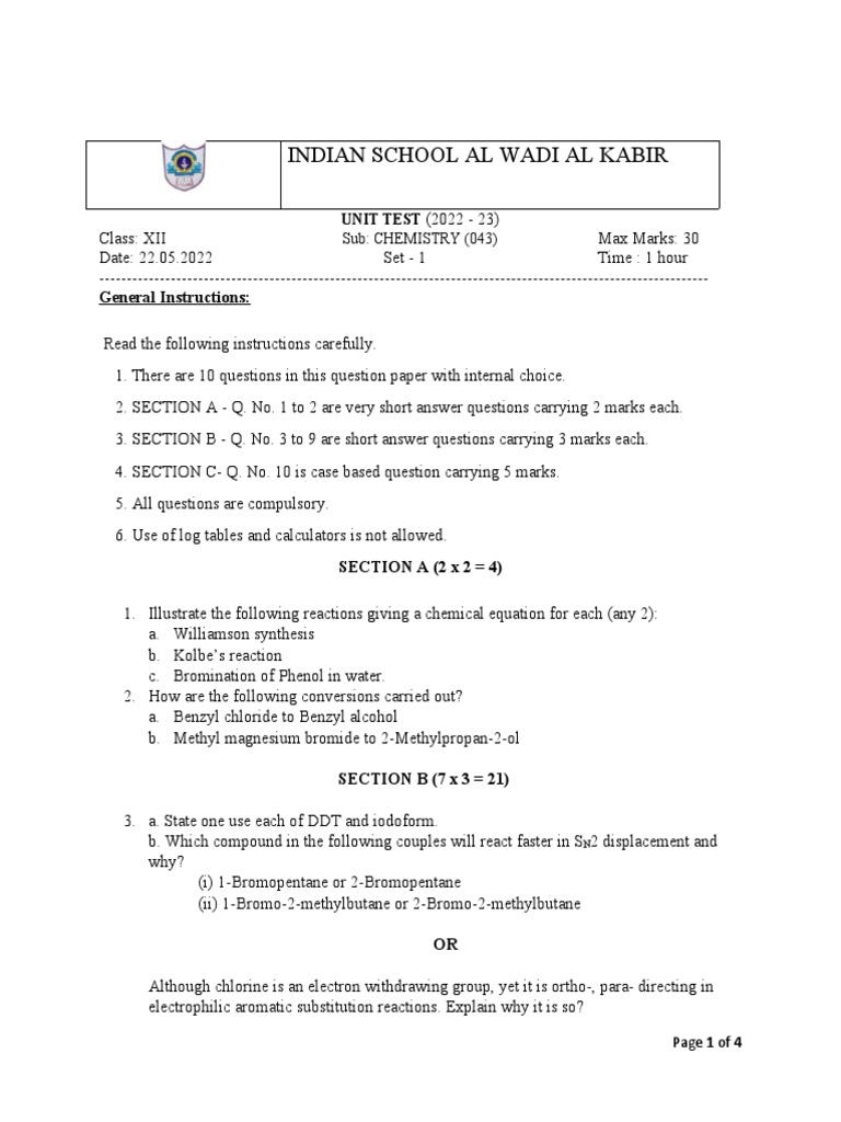 Class XII Chemistry Unit Test 2022-23 | PDF | Ether | Chemical Substances