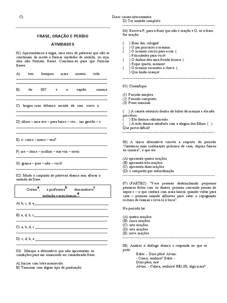 ATIVIDADES FRASE, ORAÇÃO E PERÍODO (Gabarito) | PDF