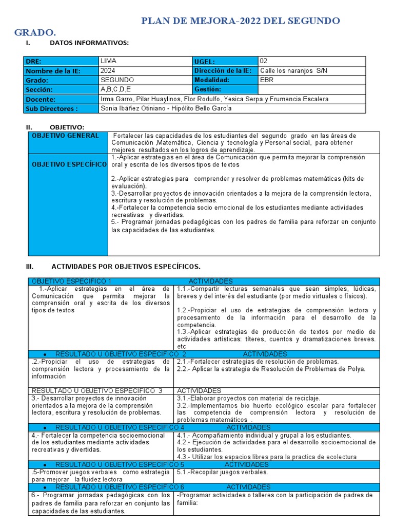 Plan de Mejora para Segundo Grado 2022 | PDF | Evaluación | Comprensión ...