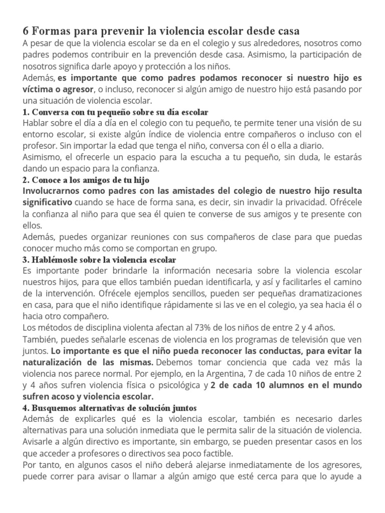 6 Formas para Prevenir La Violencia Escolar Desde Casa | PDF | Violencia