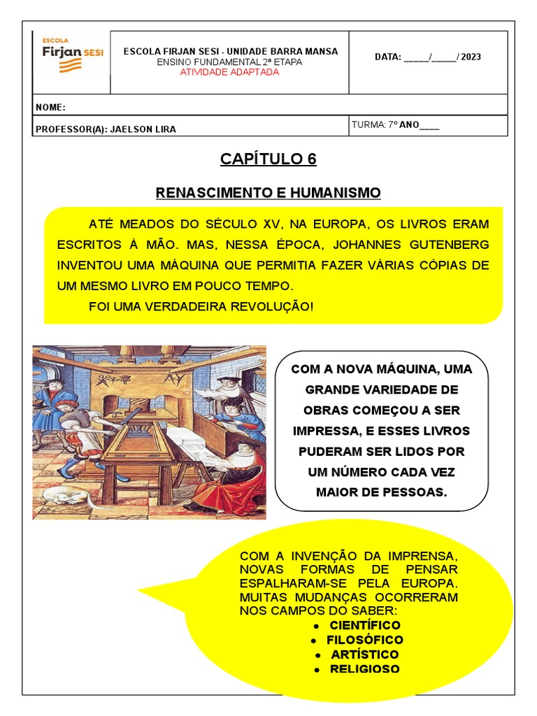 Capítulo 6 - Renascimento e Humanismo (Grande Porte) - História 7º Ano ...