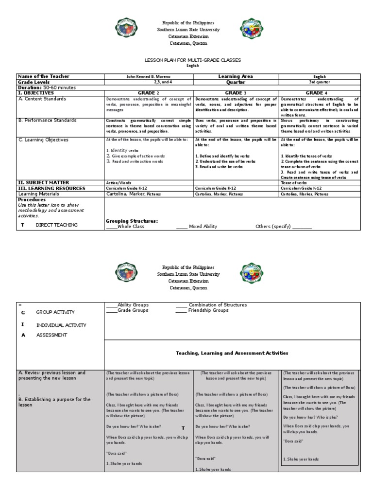 Multi-Grade English Lesson Plan | PDF | Verb | English Language