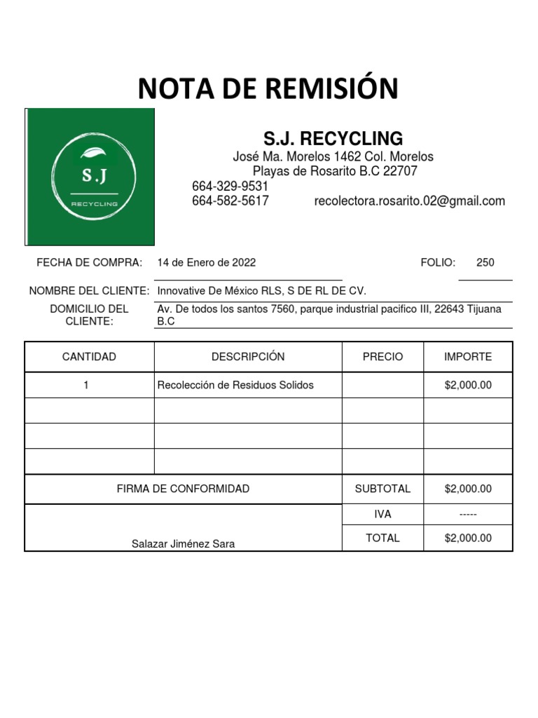 Nota de Remisión S.J. Recycling | PDF