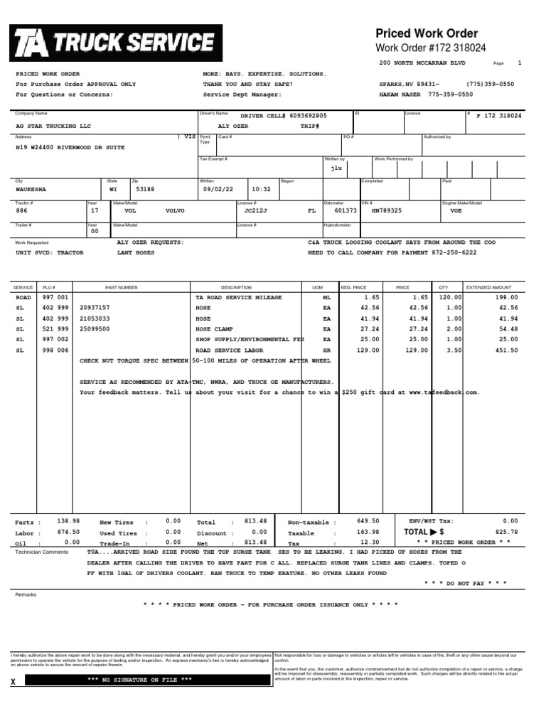 Trucking Company Work Order | PDF