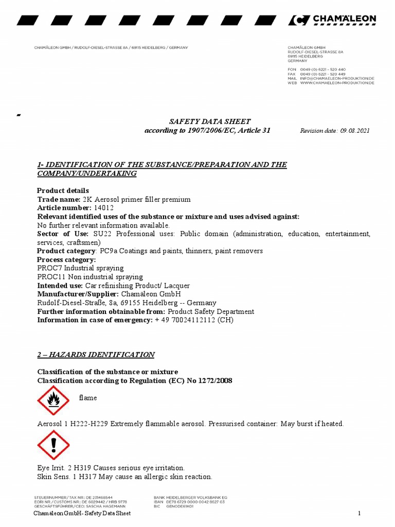SDS 2K Aerosol Primer Filler Premium GB PDF Dangerous Goods