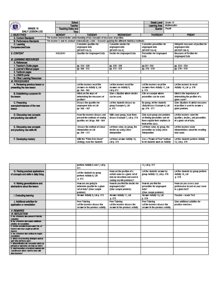 Grade 10 Math Daily Lesson Log | PDF | Learning | Percentile