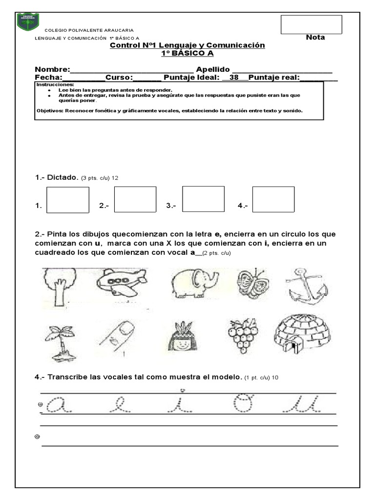 Prueba de Lenguaje 1° Básico A | PDF | Artes del Lenguaje y Comunicación