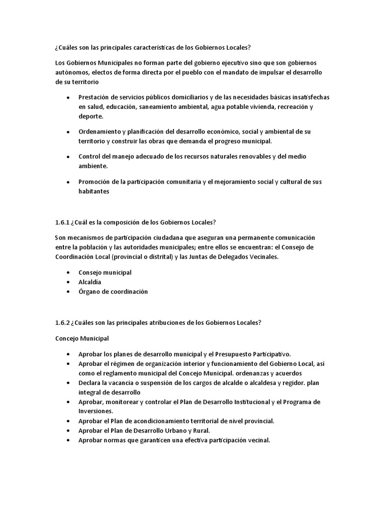 Características de los Gobiernos Locales | PDF | Gobierno local | Alcalde