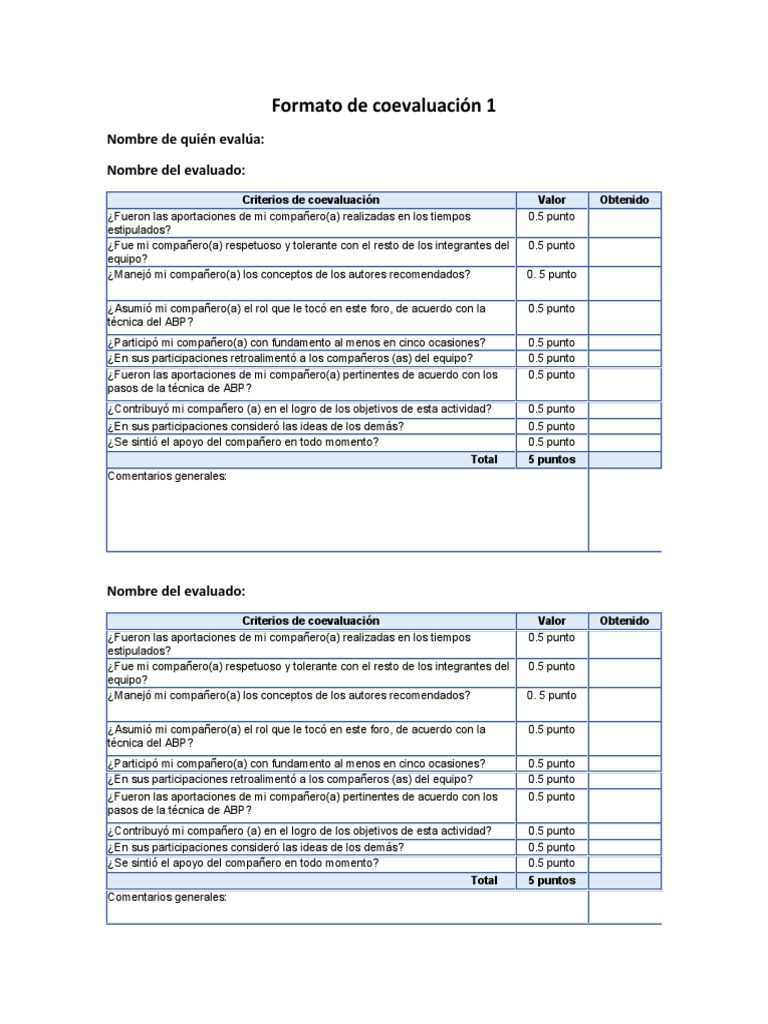 Formato de Coevaluación 1 | PDF