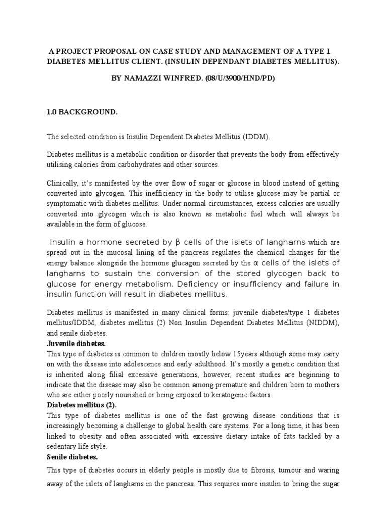 A Project Proposal on Case Study and Management of a Type 1 Diabetes Mellitus Client Diabetes