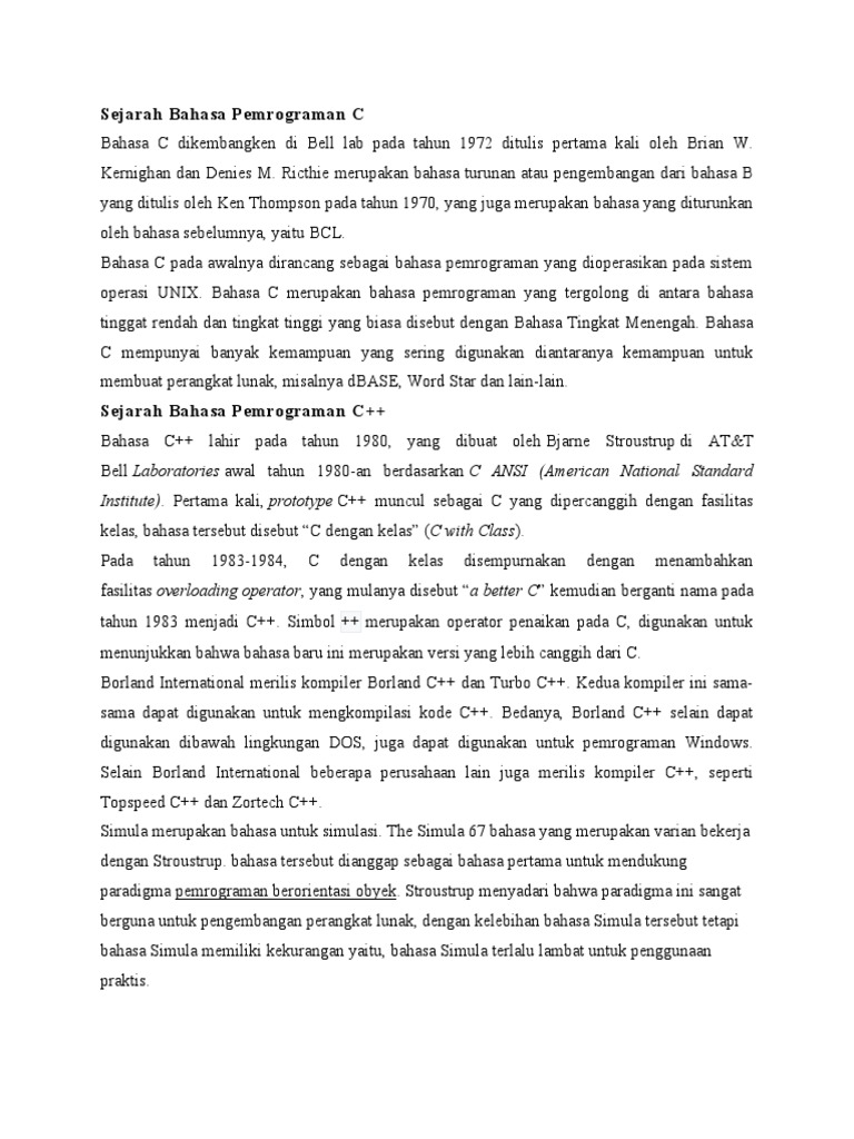 Sejarah Bahasa Pemrograman C dan C++ | PDF