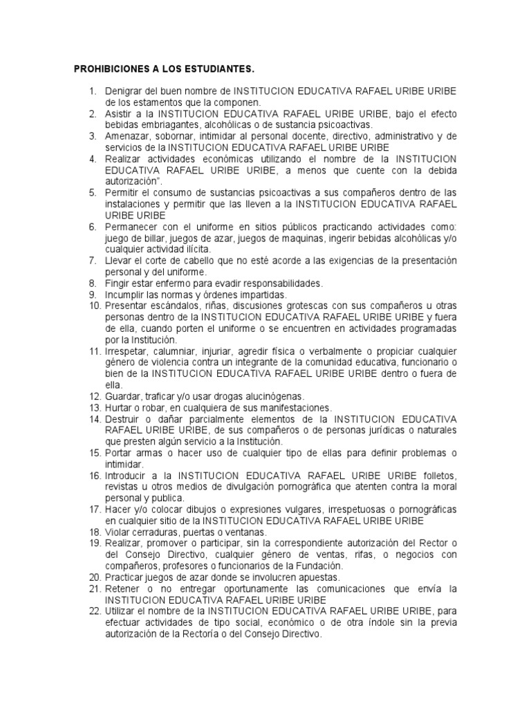 Prohibiciones para Estudiantes en la Escuela | PDF | Institución