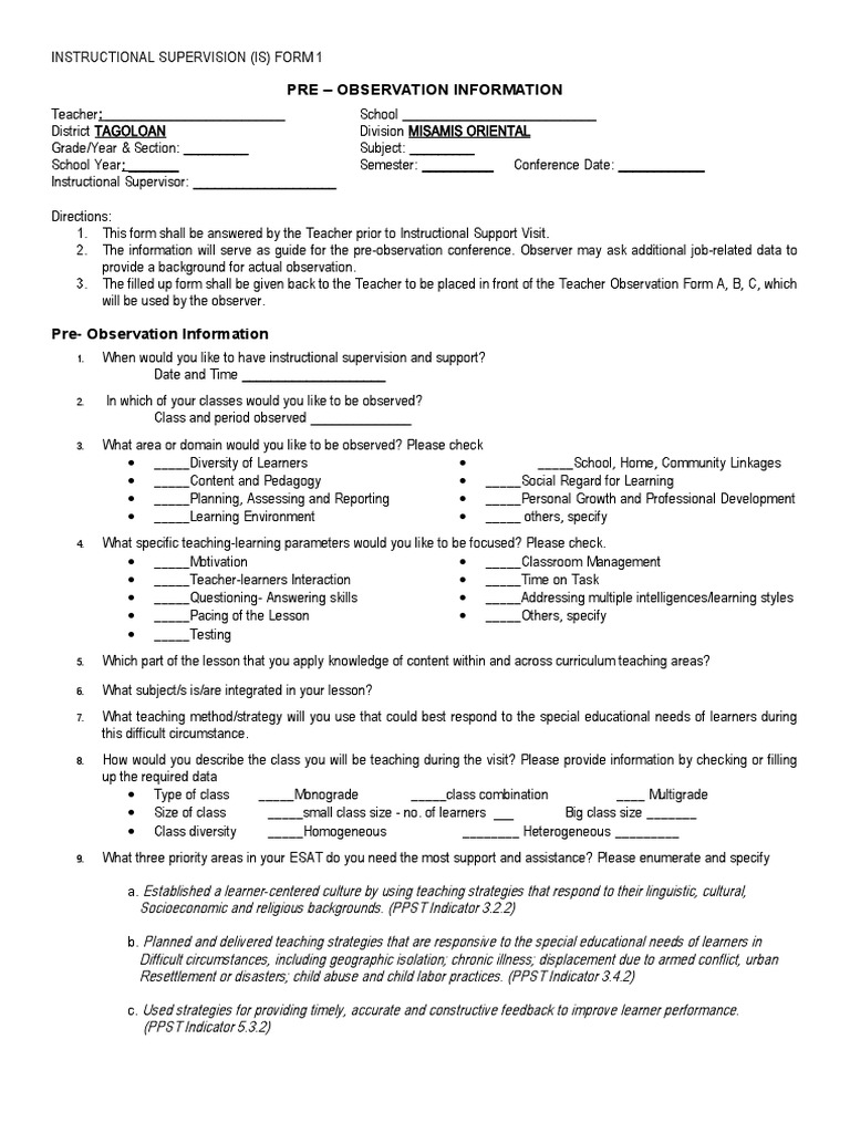 Pre-Observation Form by Mirasol Rosales | PDF | Teachers | Learning