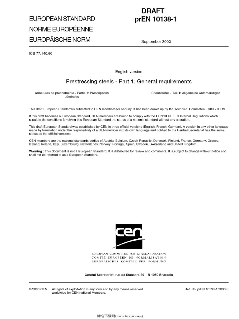 PrEN 10138-1 - 2000 - Prestressing Steels Part 1 - General Requirements ...