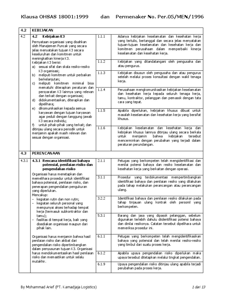 Kebijakan dan Perencanaan K3 OHSAS 18001 | PDF
