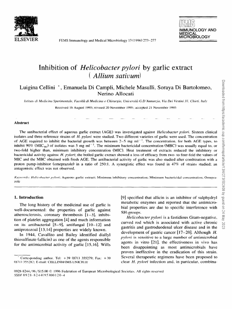 Inhibition of Helicobacter Pylori by Garlic Extract Allium Sativum