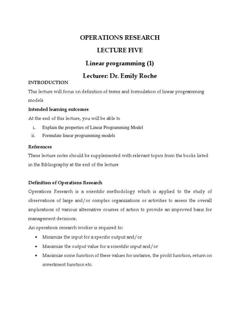 Operations Research - Lecture Five - Linear Programming | PDF | Linear ...