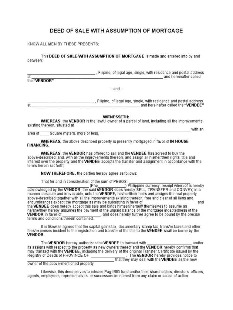 DEED OF SALE and Assumption Mortasge PDF Deed Mortgage Loan