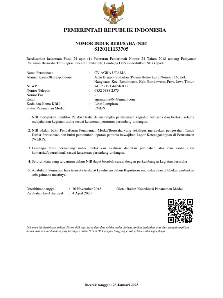 Contoh NIB untuk Usaha di Indonesia | PDF