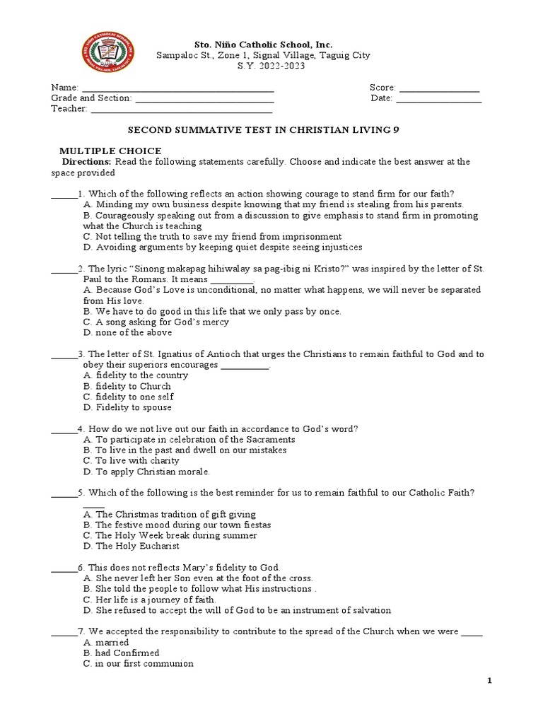 Christian Living 9 Summative Test | PDF | Catholic Church | Eucharist