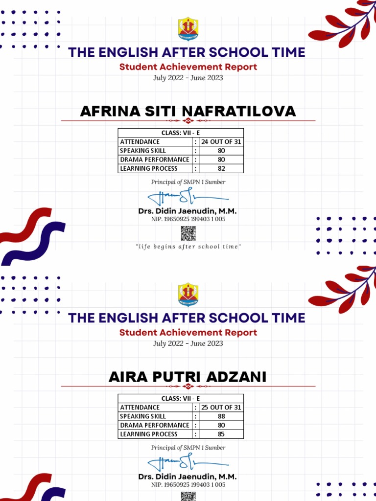 Class VII-E Student Performance Report | PDF