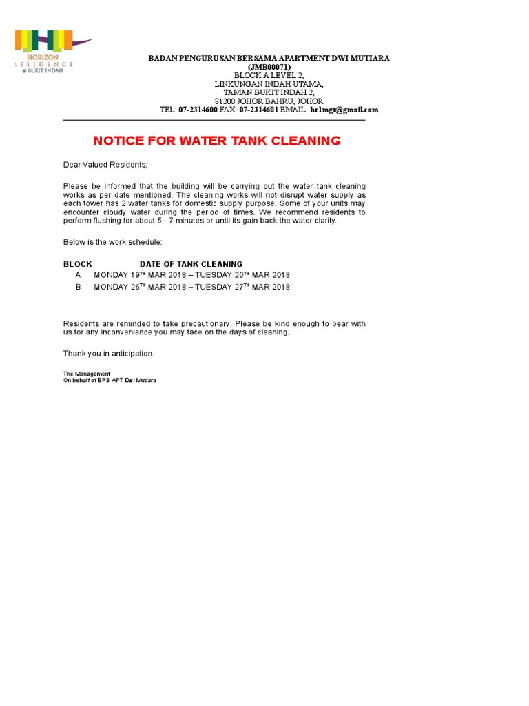 Water Tank Cleaning Notice | PDF