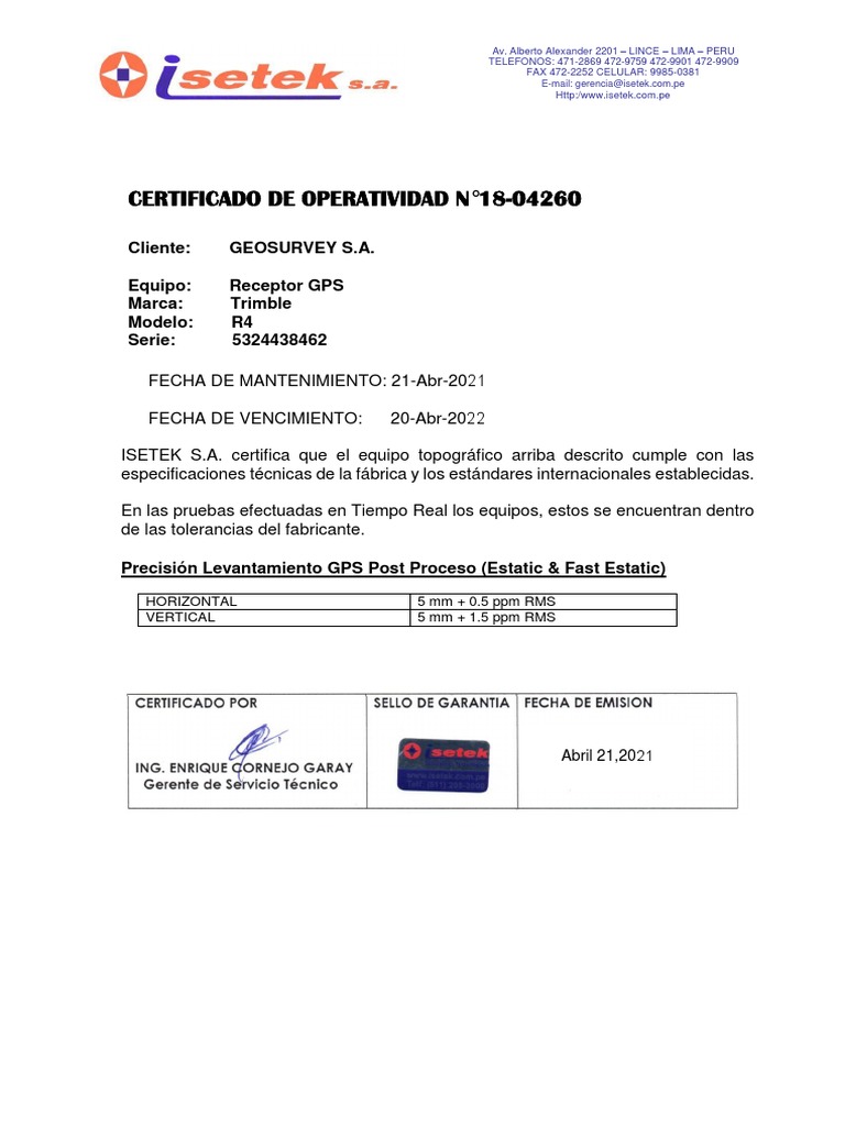 Certificado de Operatividad R4 5324438462 - 2 | PDF