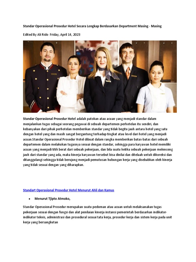 Standar Operasional Prosedur Hotel Secara Lengkap Berdasarkan Department Masing PDF