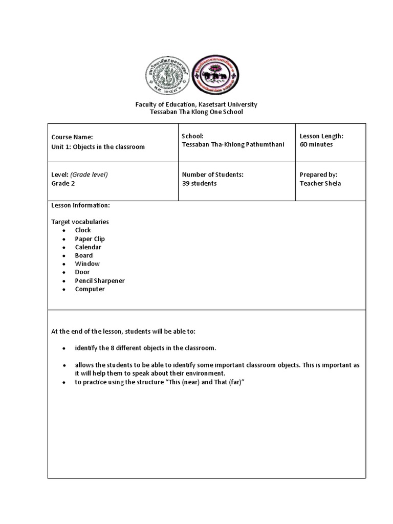 Grade 2 Classroom Objects Lesson Plan | PDF | Classroom | Lesson Plan