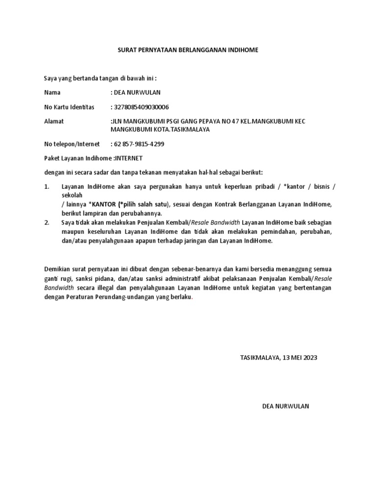 Surat Pernyataan Berlangganan Indihome Pdf