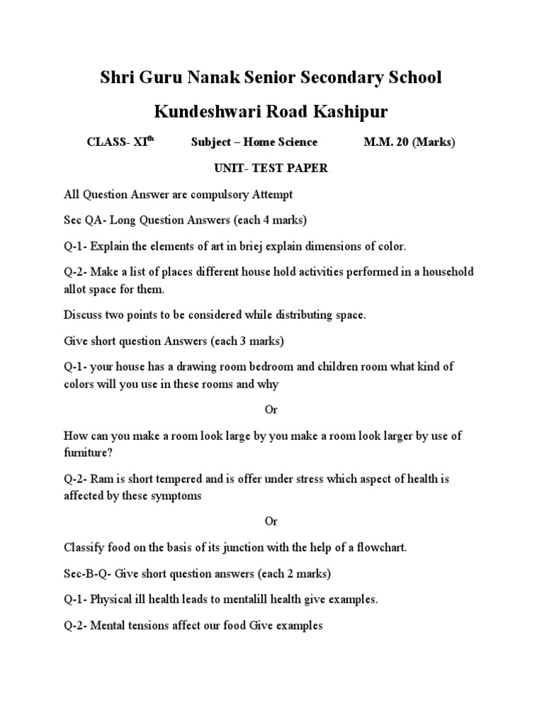 Home Science Unit Test Paper for Class XI | PDF