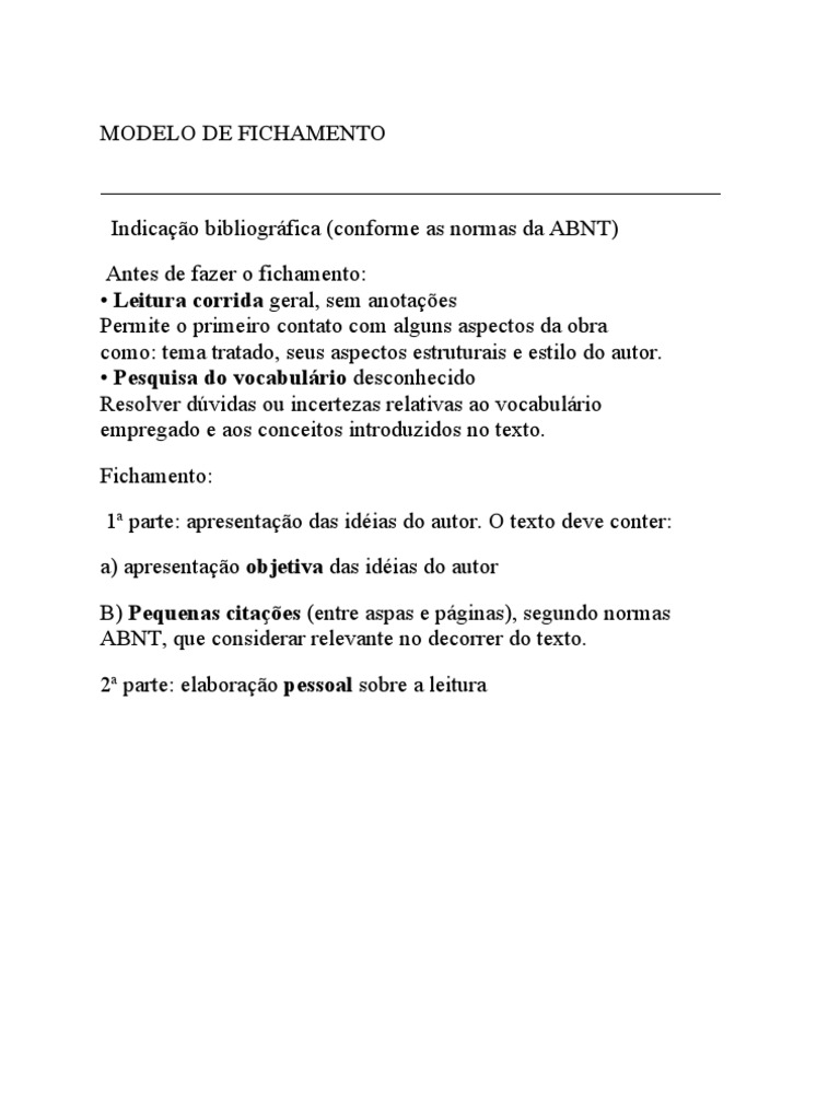 Modelo de fichamento: indicação bibliográfica e fichamento em ABNT | PDF