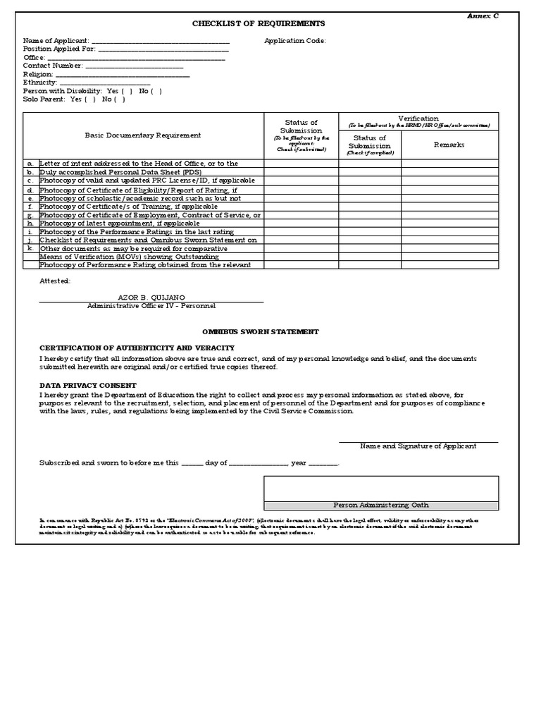 Annex C Checklist of Requirements Includes Omnibus Sworn Statement. PDF