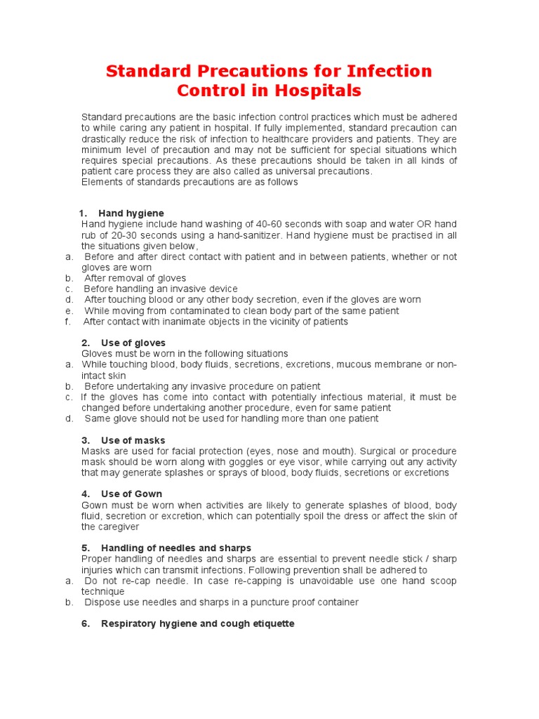 Checklist of Standard Precautions for Infection Control in Hospitals ...