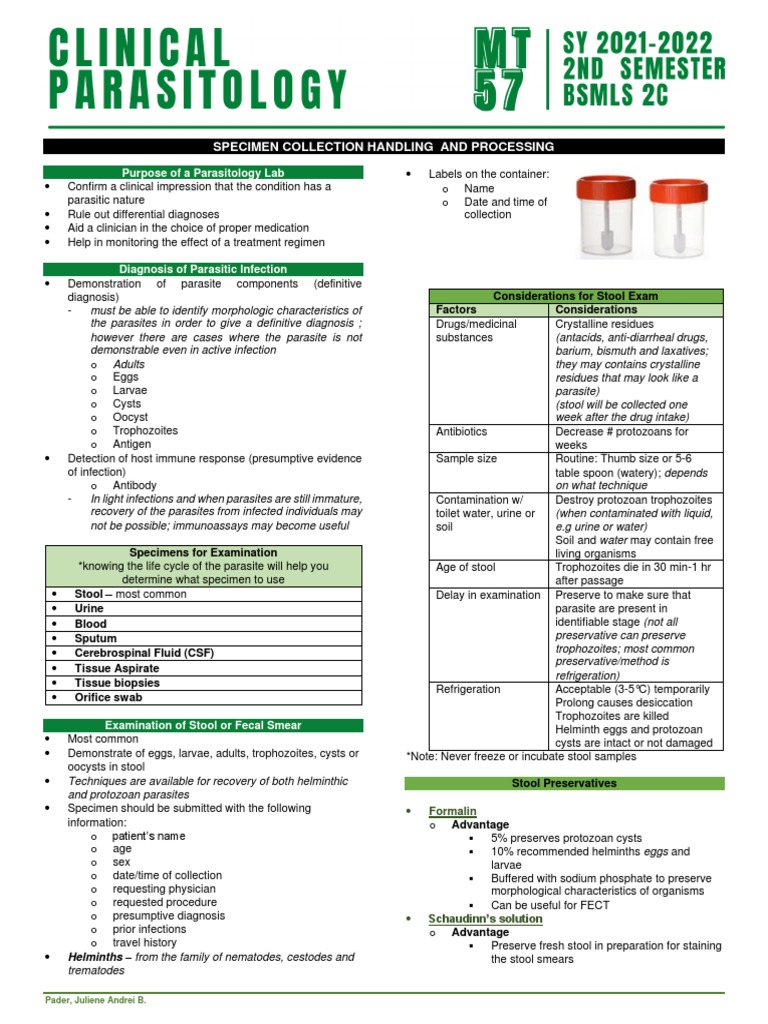 Parasitology Specimen Collection Guide | PDF | Staining | Parasitism