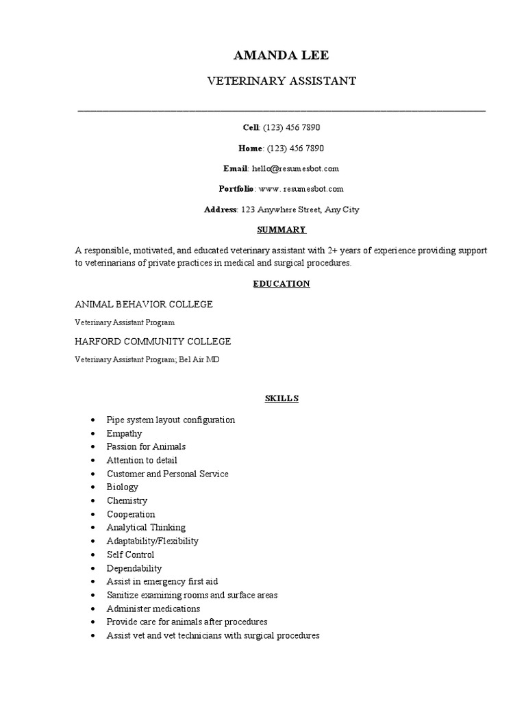 Veterinary Assistant Resume Example PDF