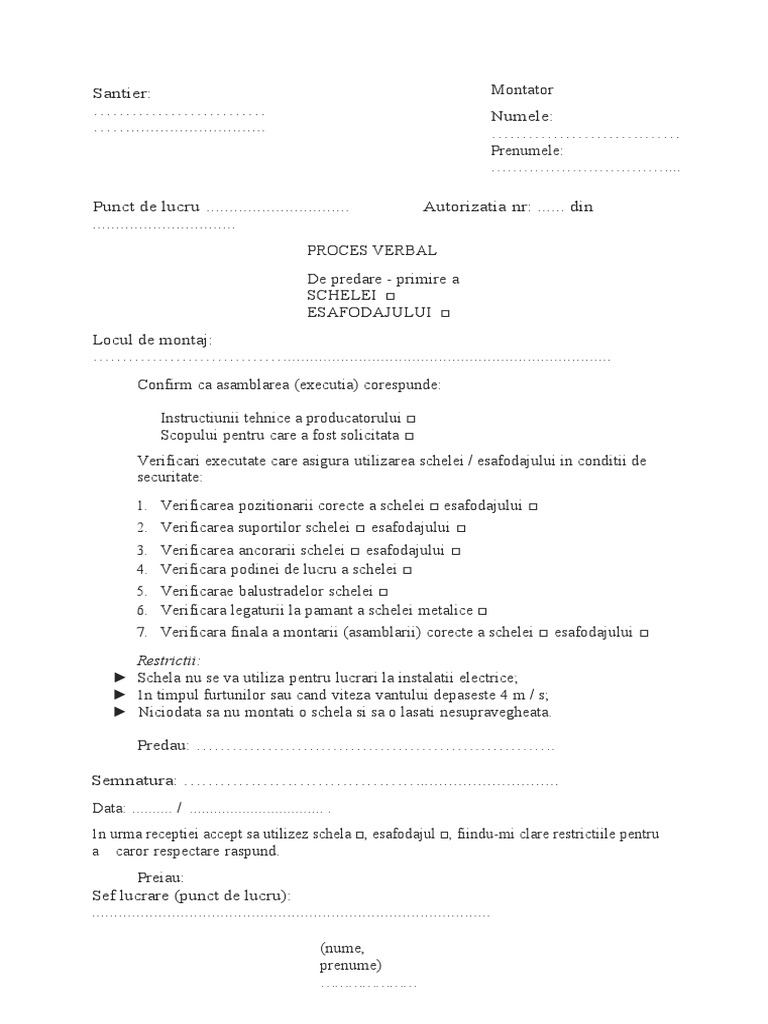 Proces Verbal de Predare-Primire Schela de Fatada Model | PDF