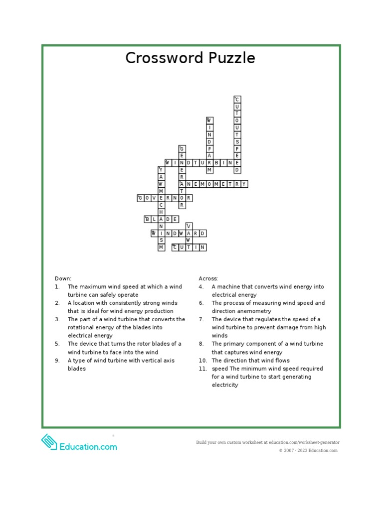 Crossword Puzzle Wind Energy PDF