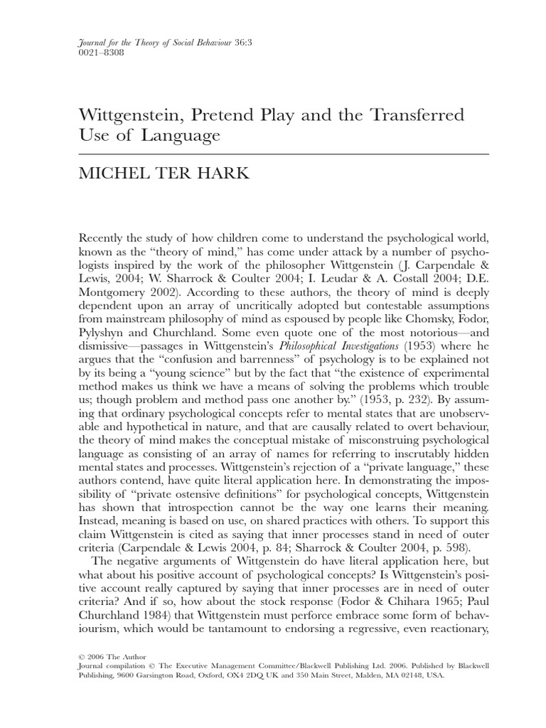 Wittgenstein, Pretend Play and The Transferred Use of Language PDF