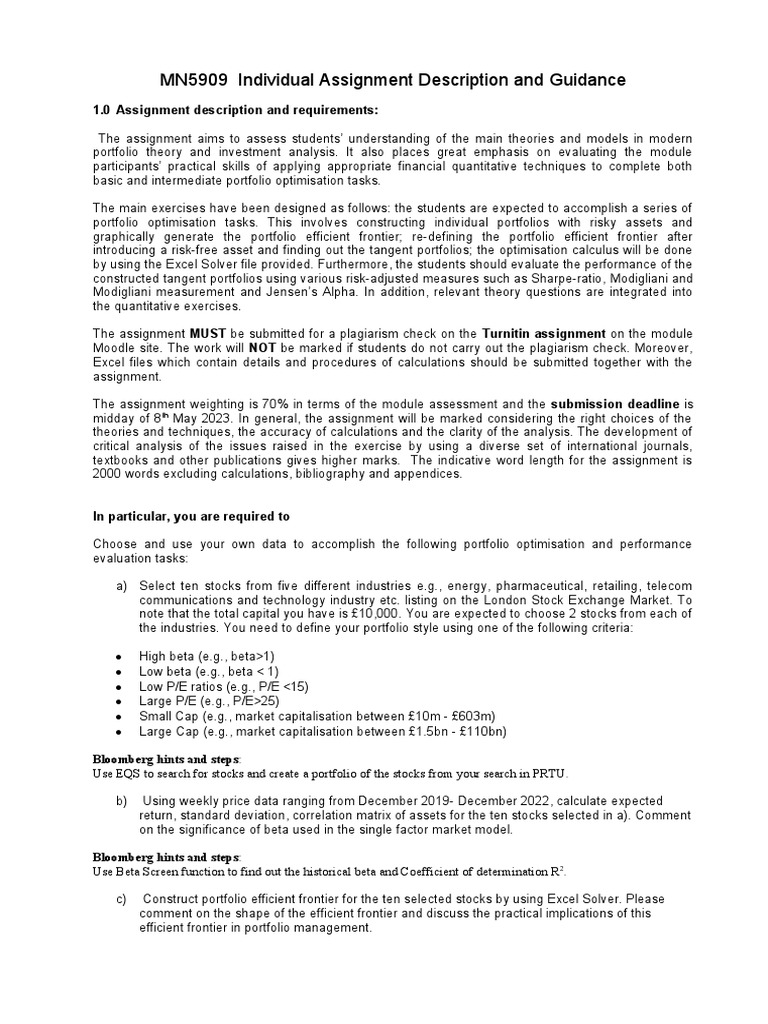 Portfolio Assignment Guidelines and Tasks | PDF | Beta (Finance ...