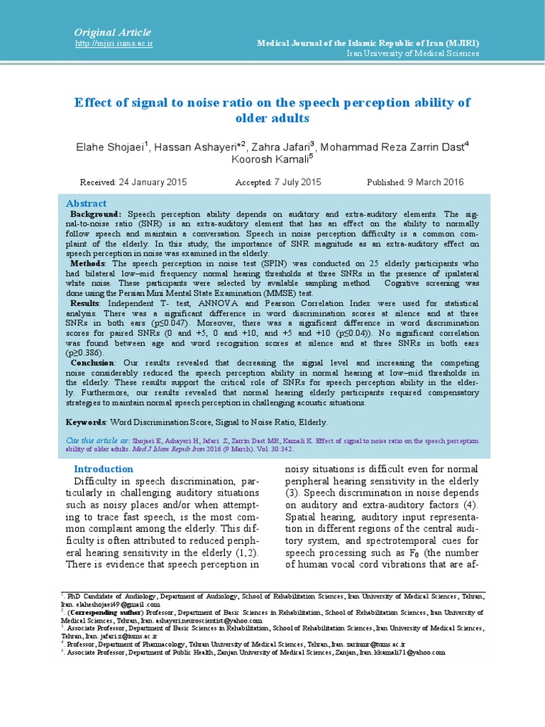 SNR Impact on Elderly Speech Perception | PDF | Signal To Noise Ratio ...