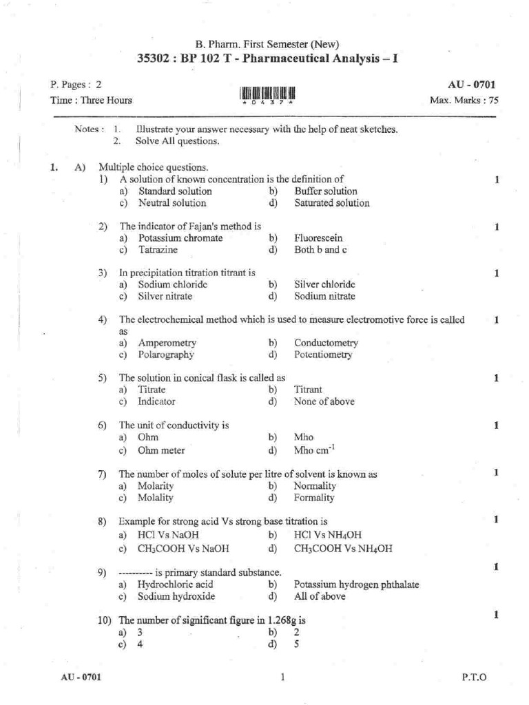 Sgbau B Pharm 1 Sem Pharmaceutical Analysis I 2018 Pdf Titration