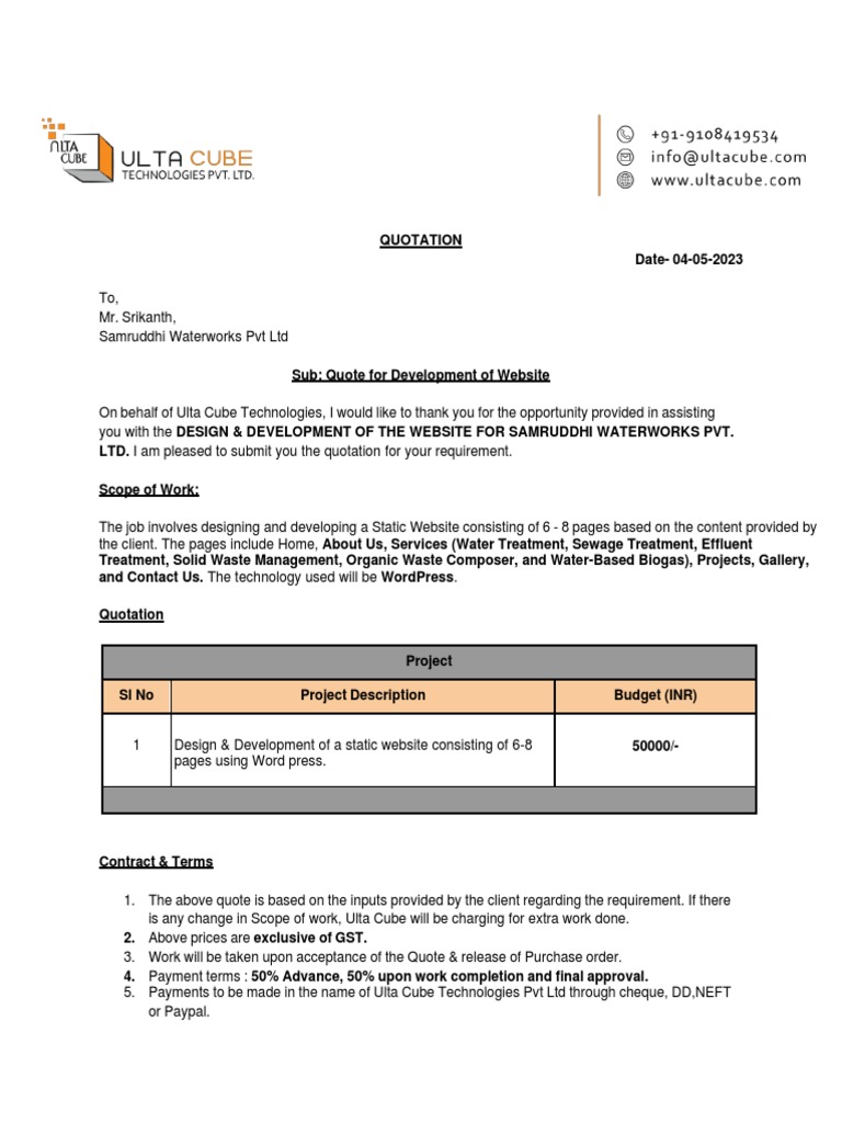 Quote-UCT-SAMRUDHI WATERWORKS-WEBSITE DEVELOPMENT | PDF