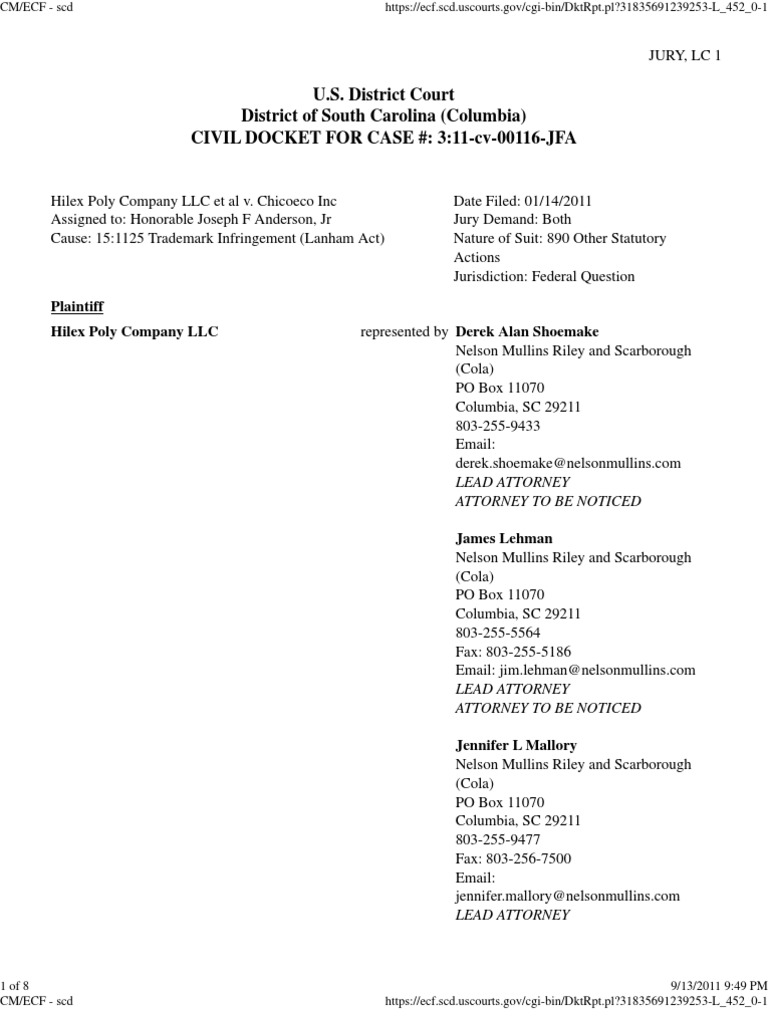 Docket Report Hilex Poly V ChicoBag | PDF | Discovery (Law) | Complaint