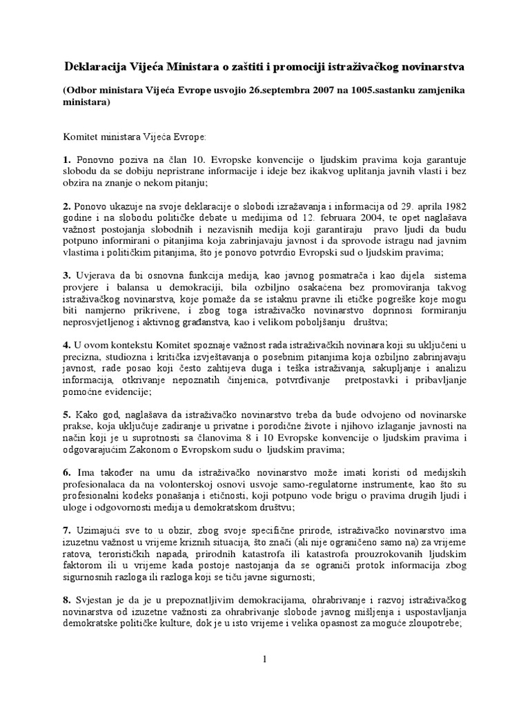 Deklaracija Vijeća Ministara o Zaštiti I Promociji Istraživačkog ...