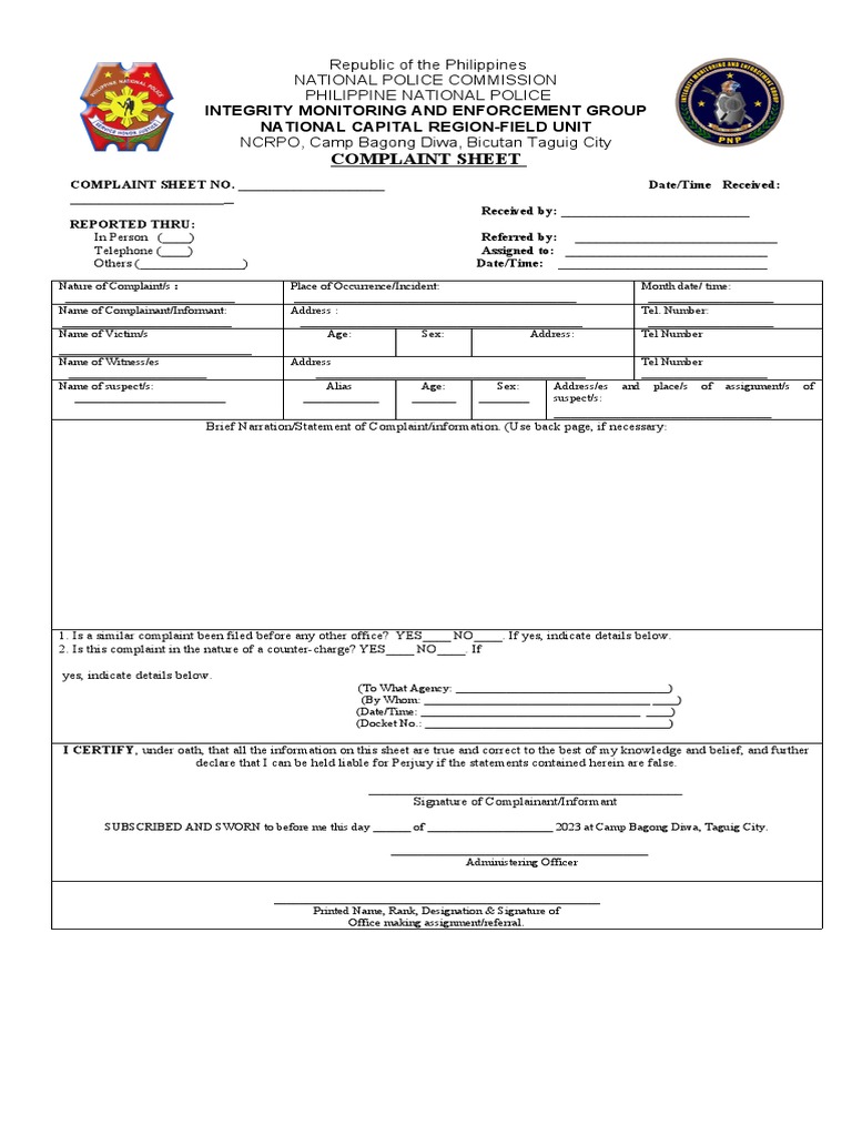 Police Complaint Sheet Template | PDF | Government | Crimes
