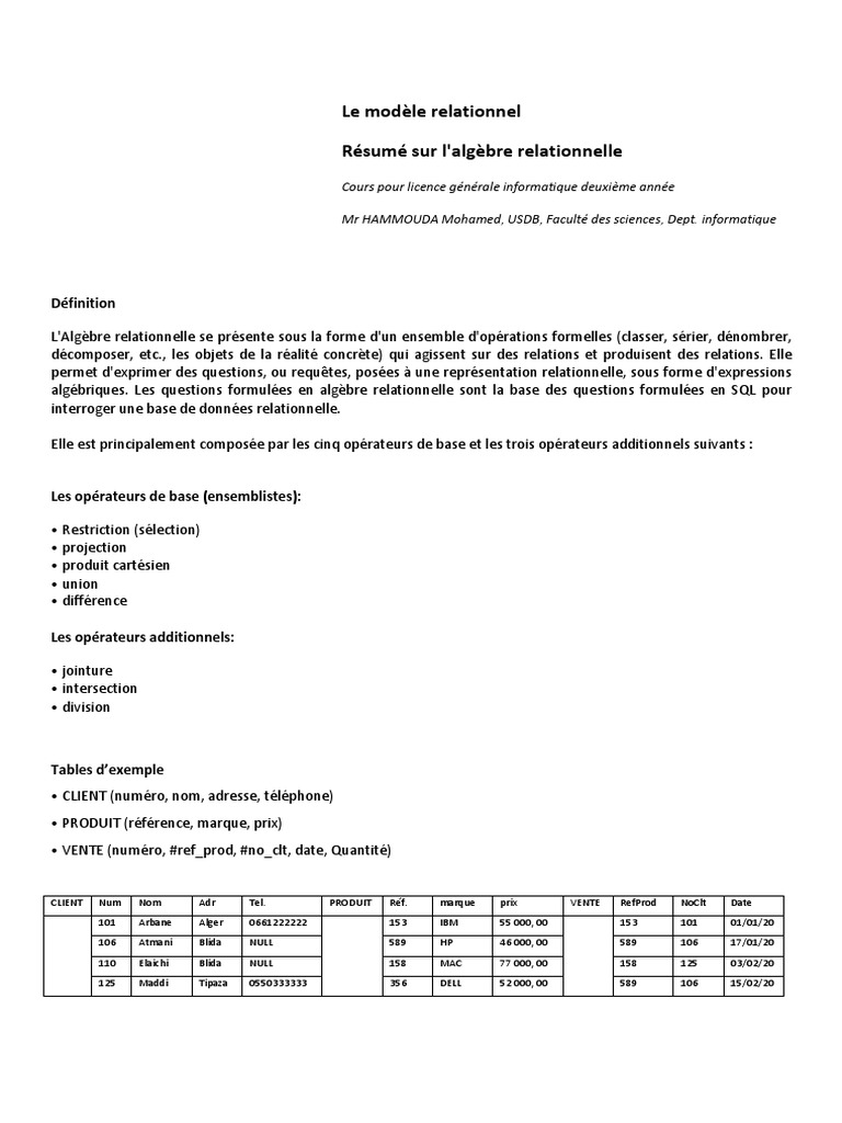 Algèbre Relationnelle | PDF | Base de données relationnelle | Logiciel ...