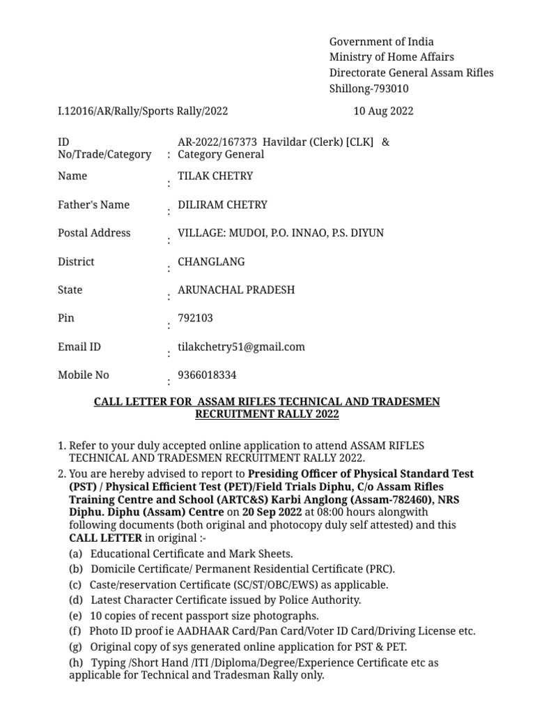 Assam Rifles Recruitment Call Letter | PDF | Government