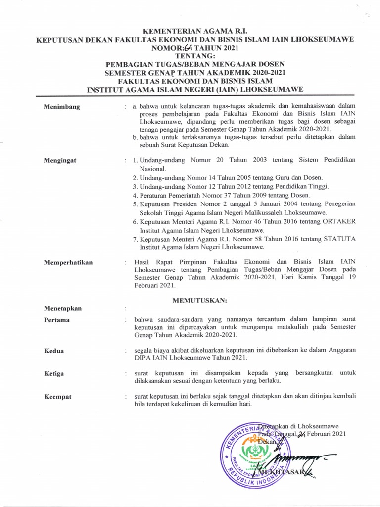 SK Mengajar Dosen Genap TA 2020-2021 | PDF