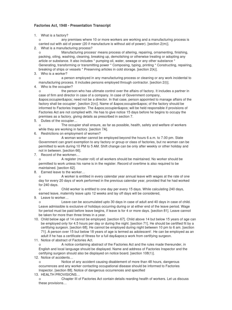 An Overview of Key Provisions of the Factories Act, 1948 Health